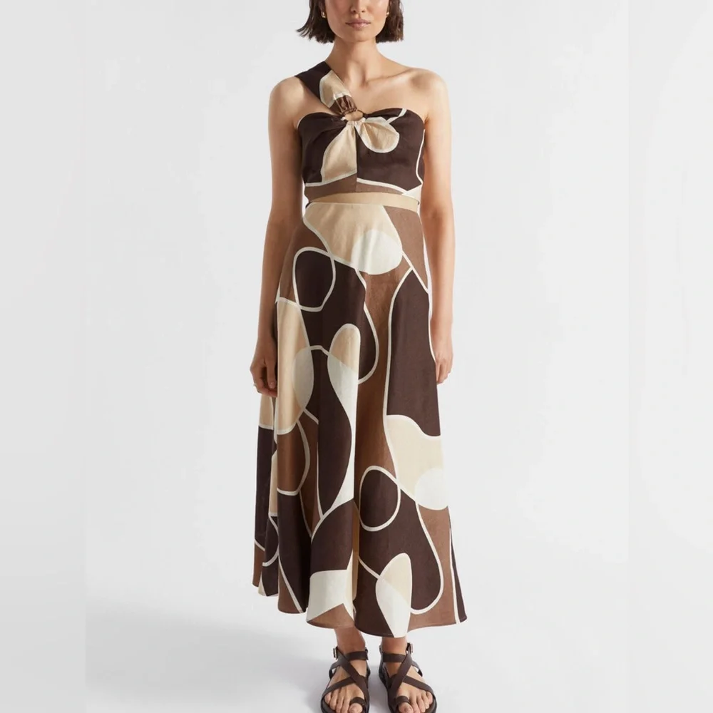 SEED HERITAGE Linen Skirt Abstract Brown Printed Skirt Size 10